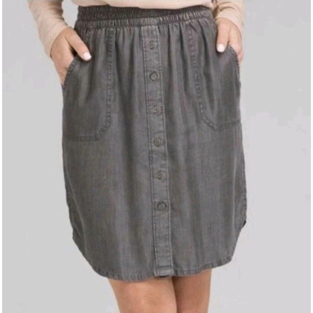 Prana Shelly Gray Tencel Button Front Mini Skirt Elastic Waist Pockets Sz M EUC